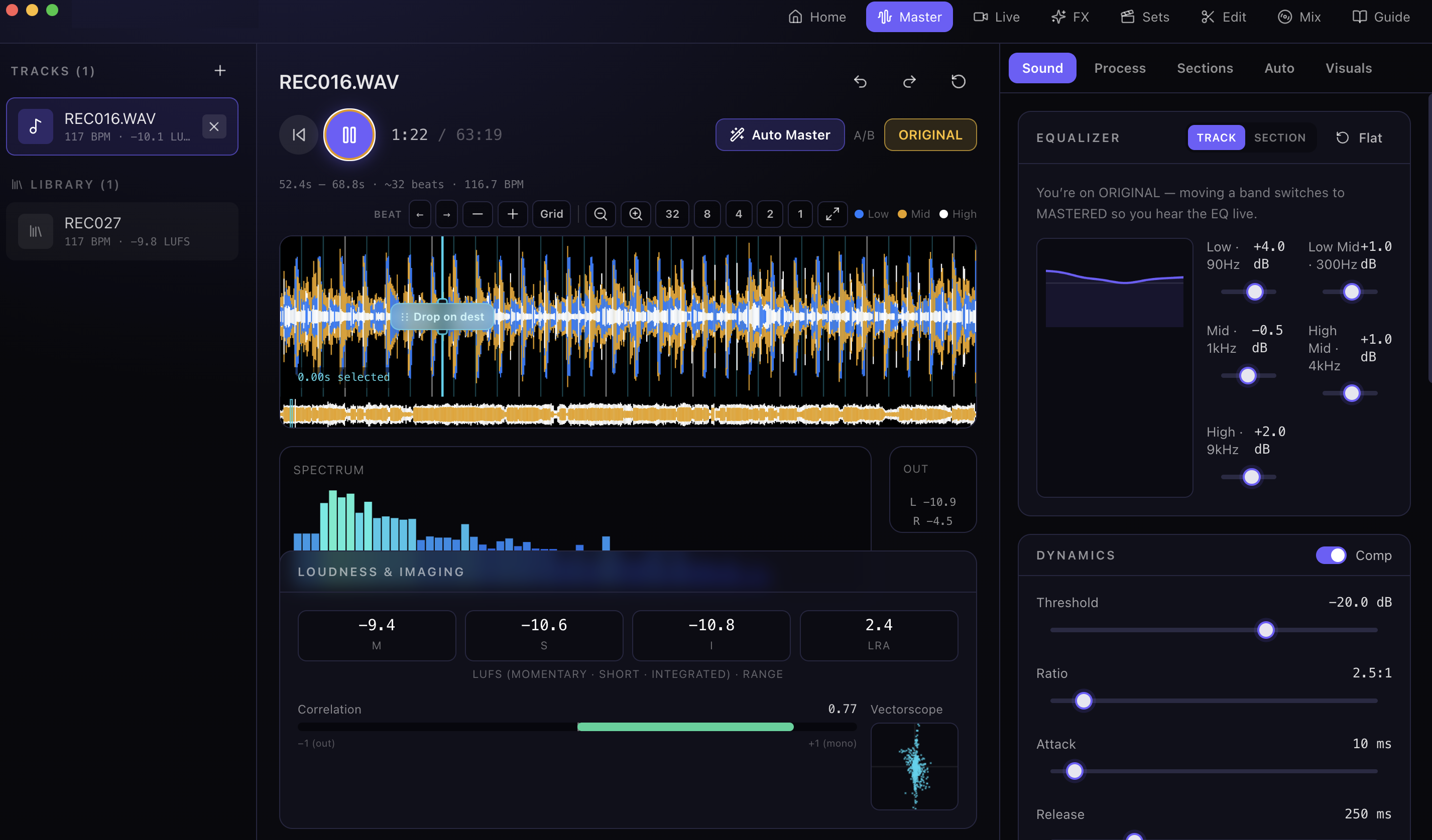 Linturo Studio mastering a DJ set — waveform, EQ, loudness meters, and library